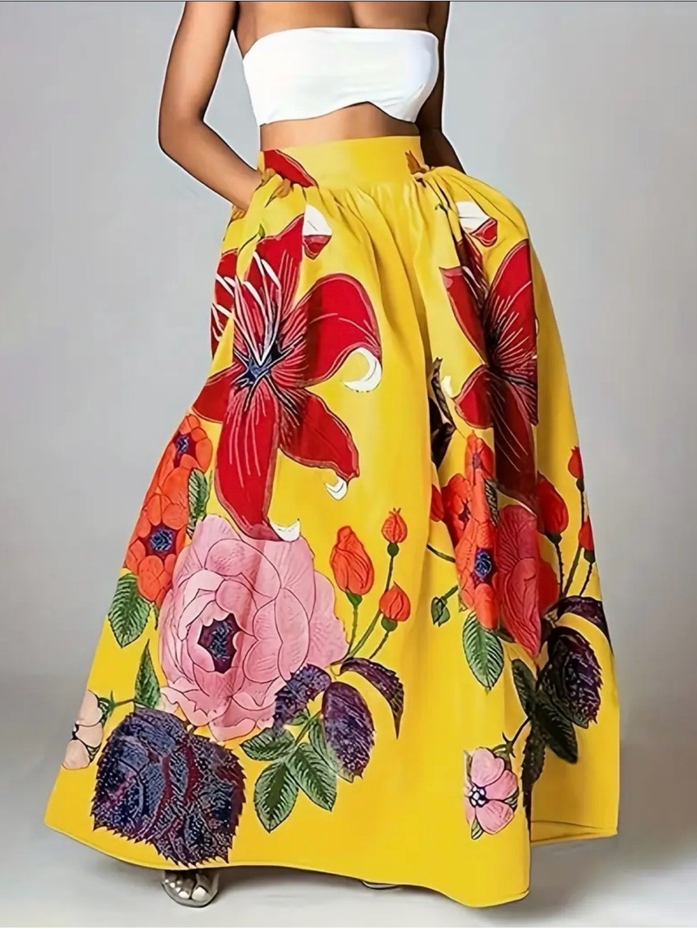 Yellow Floral Maxi Skirt with Bold Print